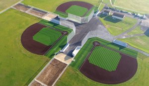 Aerial view of three baseball fields